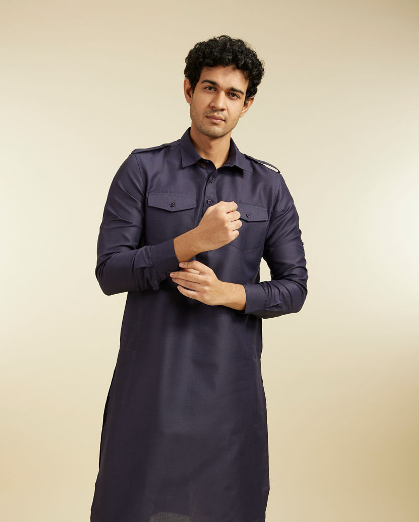 Diwas Men Indigo Blue Paithani Style Kurta with Cuffed Sleeves