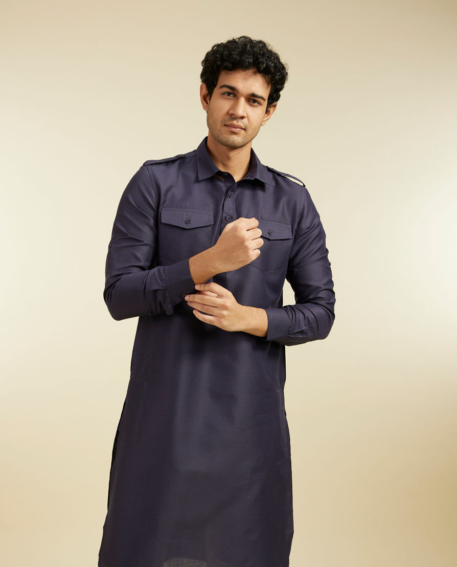 Diwas Men Indigo Blue Pathani Style Kurta with Cuffed Sleeves