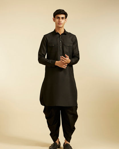 Diwas Men Midnight Black Pathani Style Kurta with Cuffed Sleeves