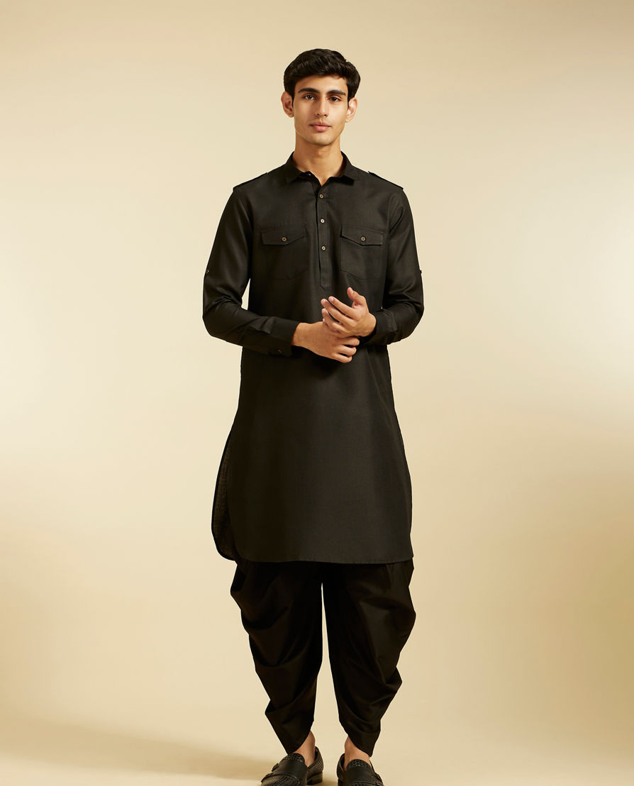 Diwas Men Midnight Black Pathani Style Kurta with Cuffed Sleeves