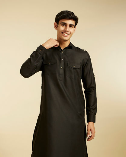 Diwas Men Midnight Black Pathani Style Kurta with Cuffed Sleeves