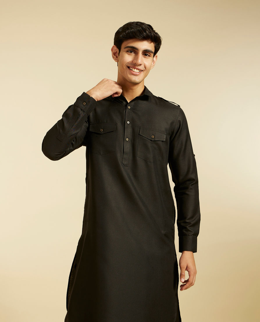 Diwas Men Midnight Black Pathani Style Kurta with Cuffed Sleeves