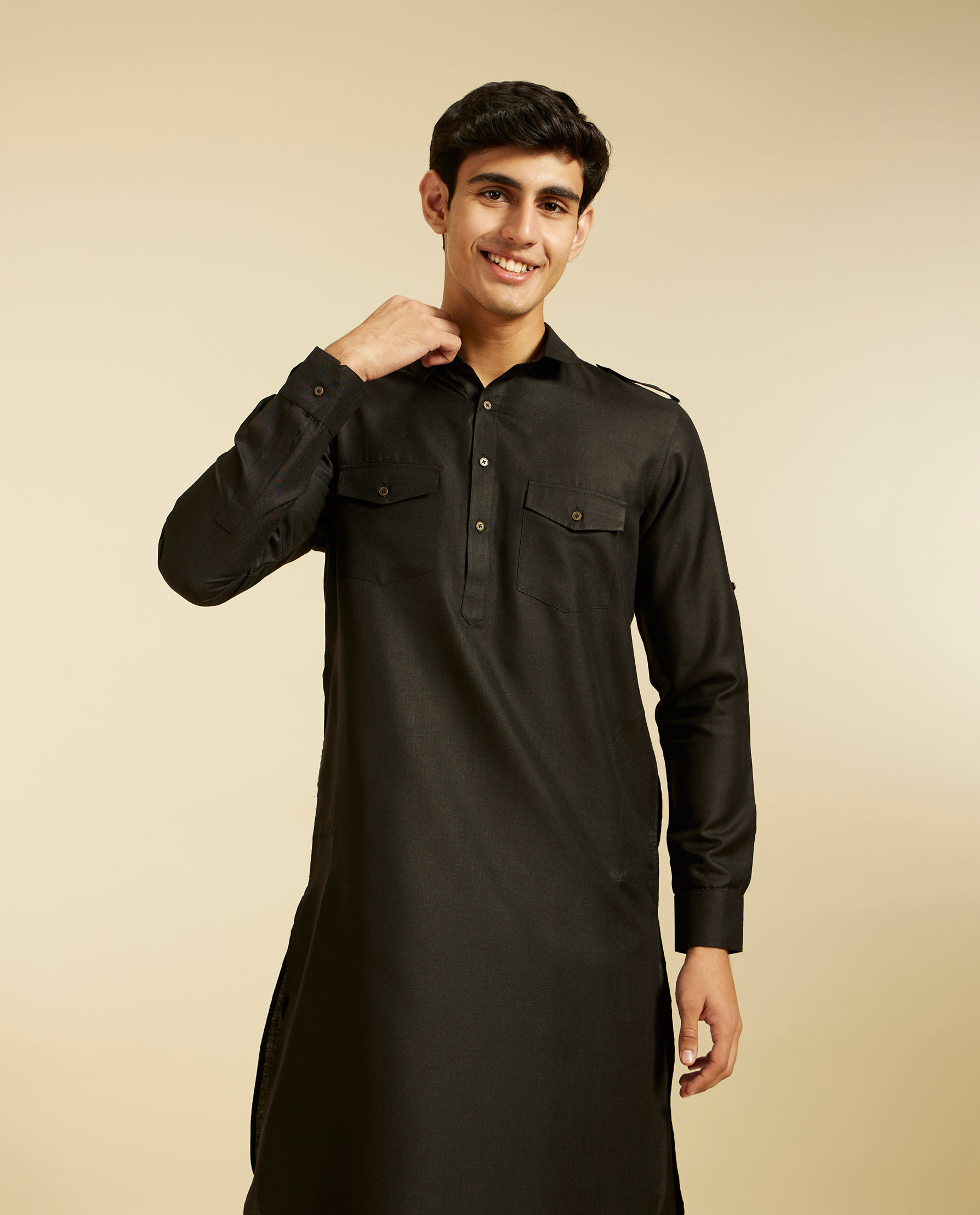 Diwas Men Midnight Black Paithani Style Kurta with Cuffed Sleeves