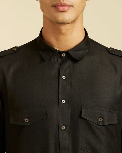 Diwas Men Midnight Black Pathani Style Kurta with Cuffed Sleeves
