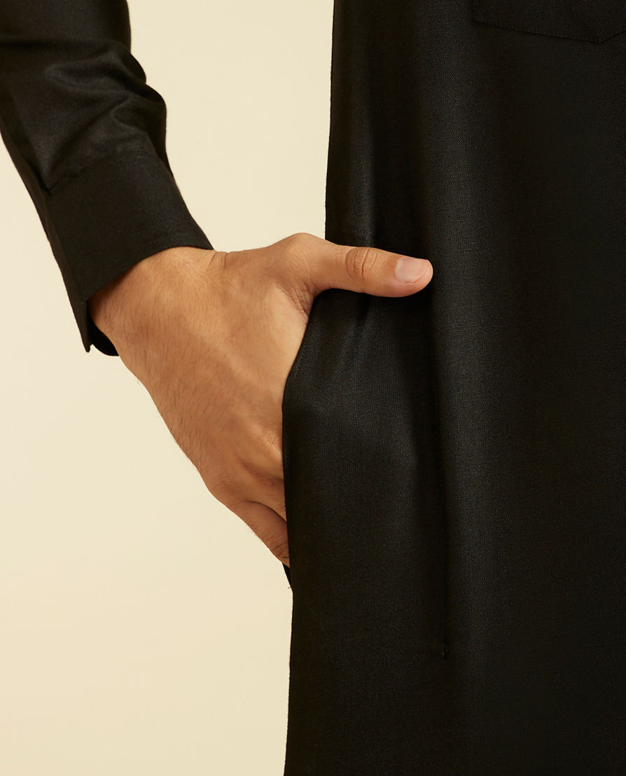 Diwas Men Midnight Black Pathani Style Kurta with Cuffed Sleeves