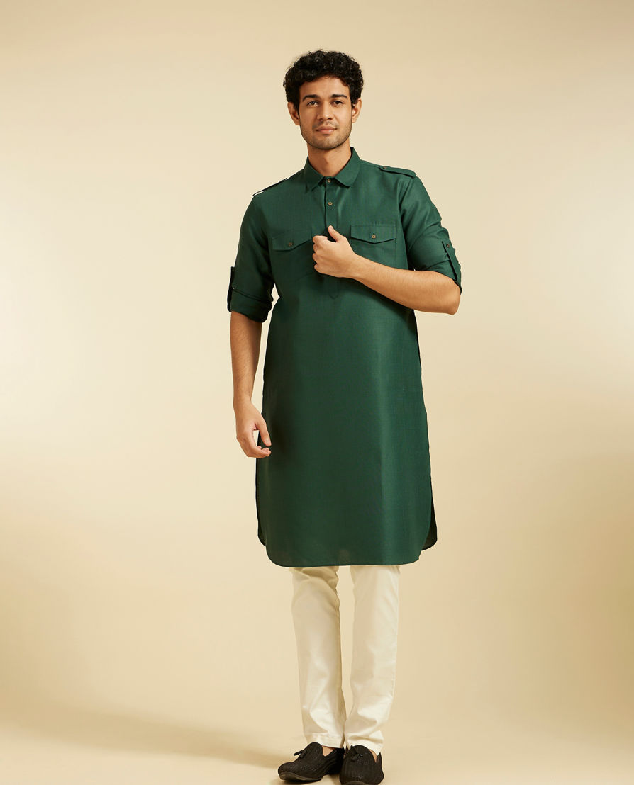 Diwas Men Bottle Green Pathani Style Kurta with Cuffed Sleeves