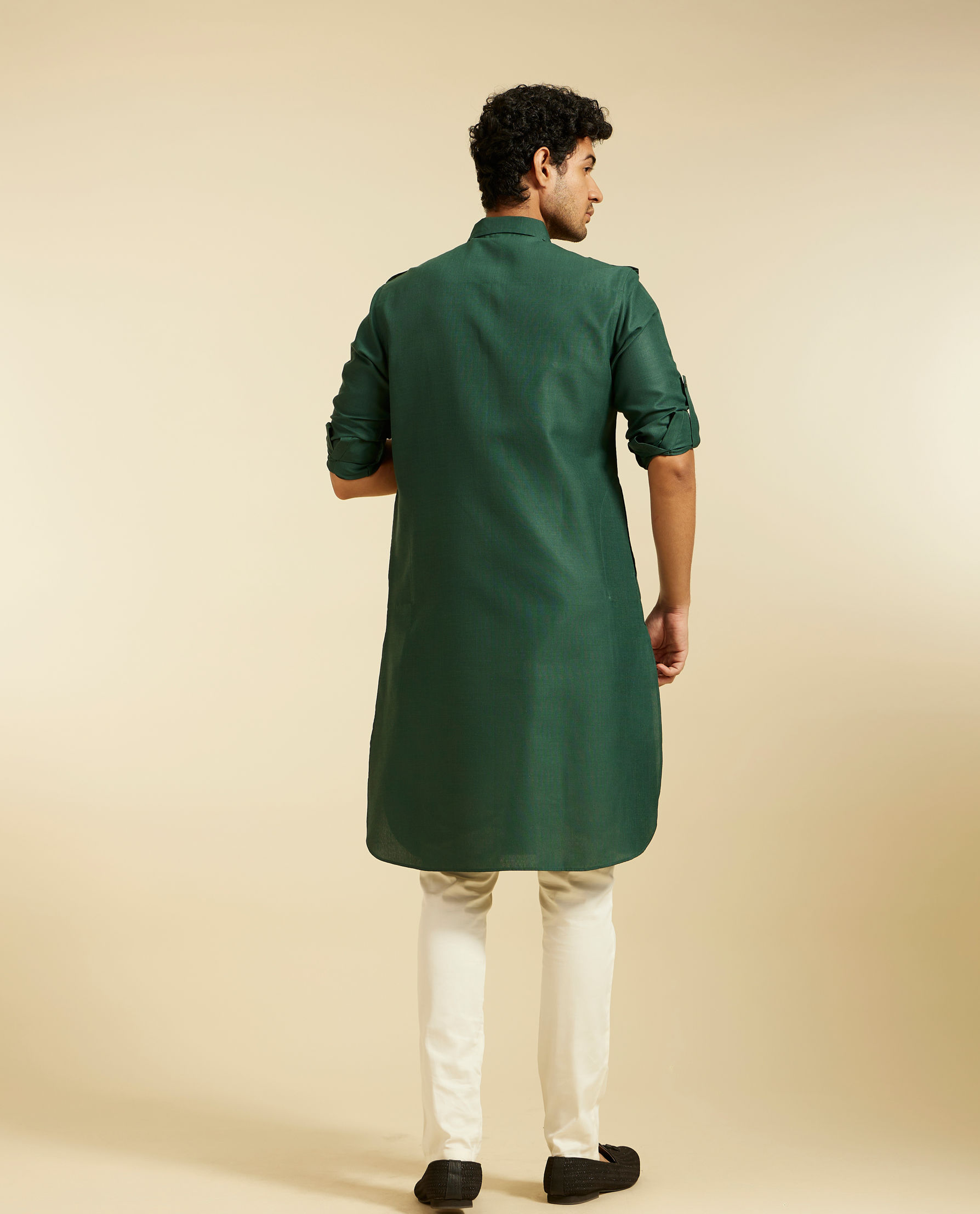 Diwas Men Bottle Green Paithani Style Kurta with Cuffed Sleeves