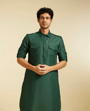 Diwas Men Bottle Green Pathani Style Kurta with Cuffed Sleeves