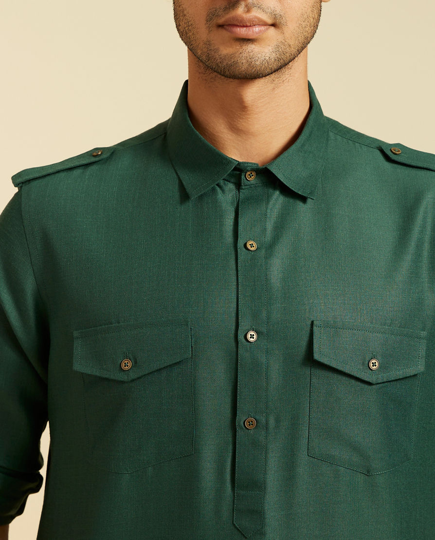 Diwas Men Bottle Green Pathani Style Kurta with Cuffed Sleeves