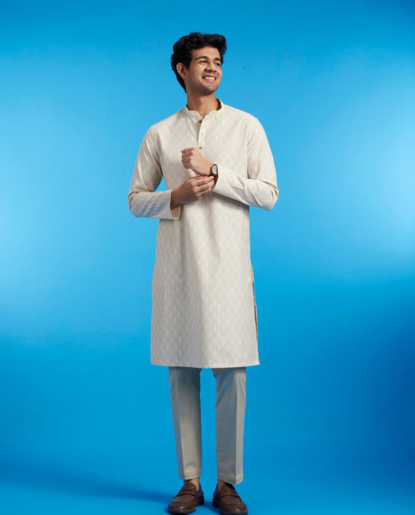 Diwas Men Cream Beige Harlequin Printed Kurta