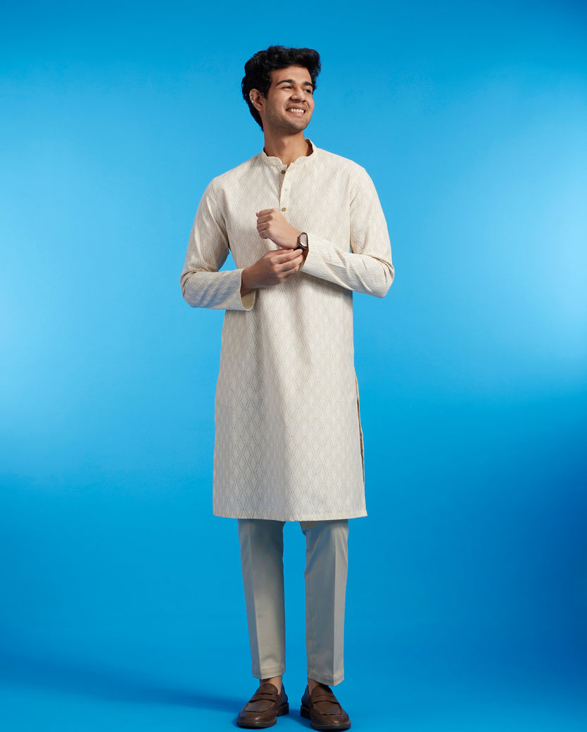 Diwas Men Cream Beige Harlequin Printed Kurta