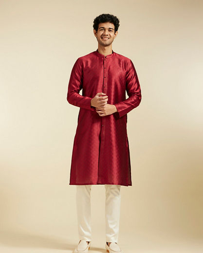 Diwas Men Maroon Red Lattice Patterned Kurta