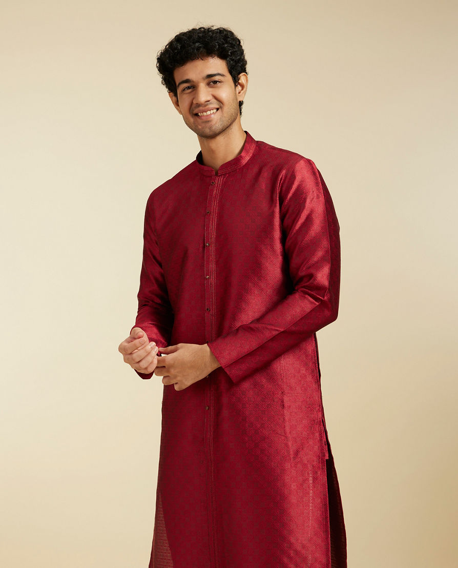 Diwas Men Maroon Red Lattice Patterned Kurta
