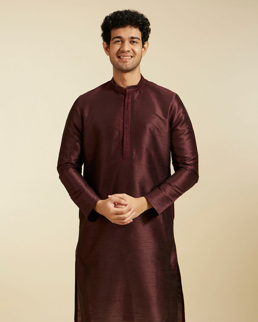 Diwas Men Wine Red Self Patterned Kurta with Rhinestone Work