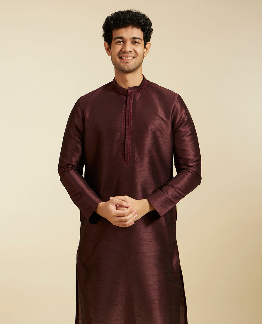 Diwas Men Wine Red Self Patterned Kurta with Rhinestone Work