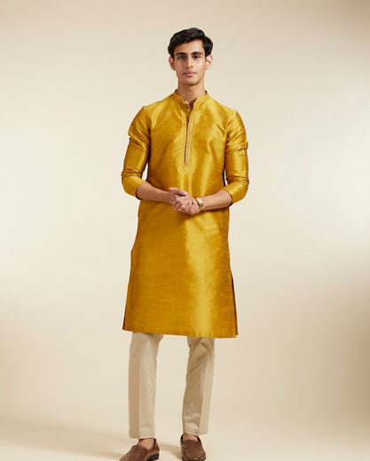 Diwas Men Mustard Yellow Self Textured Kurta with Embroidered Neckline