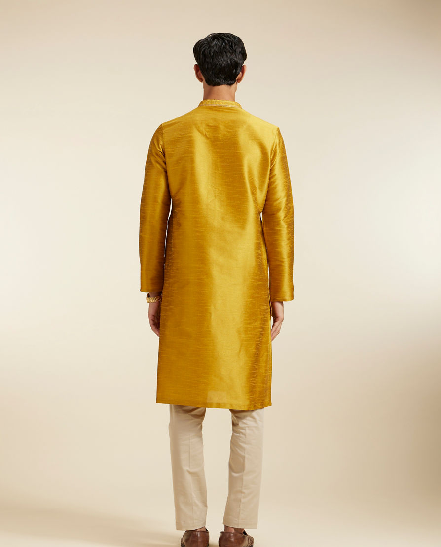 Diwas Men Mustard Yellow Self Textured Kurta with Embroidered Neckline