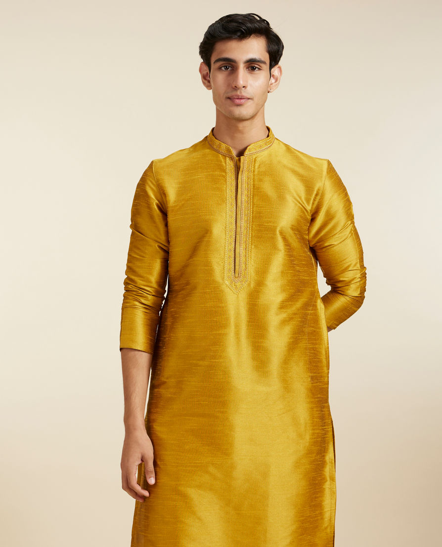 Diwas Men Mustard Yellow Self Textured Kurta with Embroidered Neckline