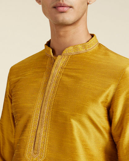 Diwas Men Mustard Yellow Self Textured Kurta with Embroidered Neckline