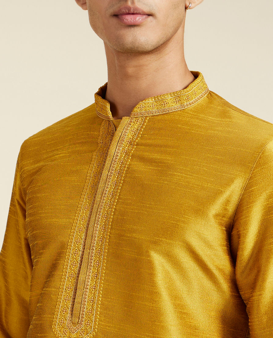 Diwas Men Mustard Yellow Self Textured Kurta with Embroidered Neckline