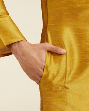 Diwas Men Mustard Yellow Self Textured Kurta with Embroidered Neckline