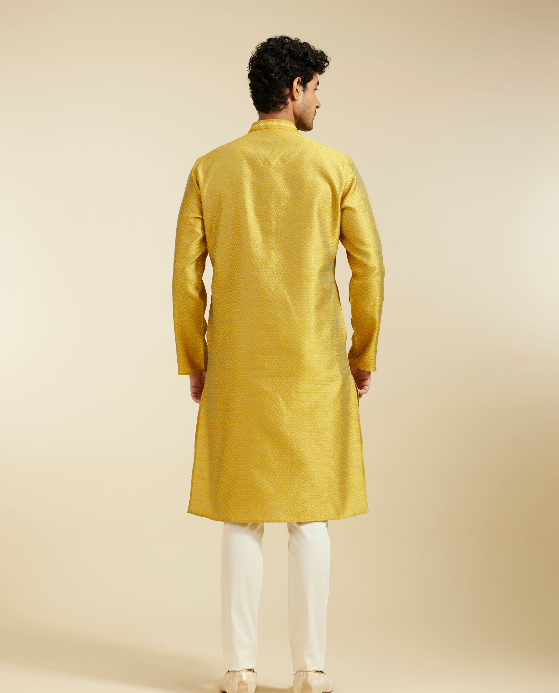 Diwas Men Mehndi Green Jaal Patterned Kurta with Fern Motifs