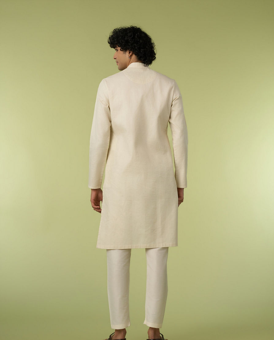 Diwas Men Self-Textured Cotton Kurta in Cream