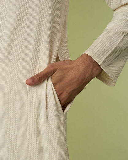 Diwas Men Self-Textured Cotton Kurta in Cream