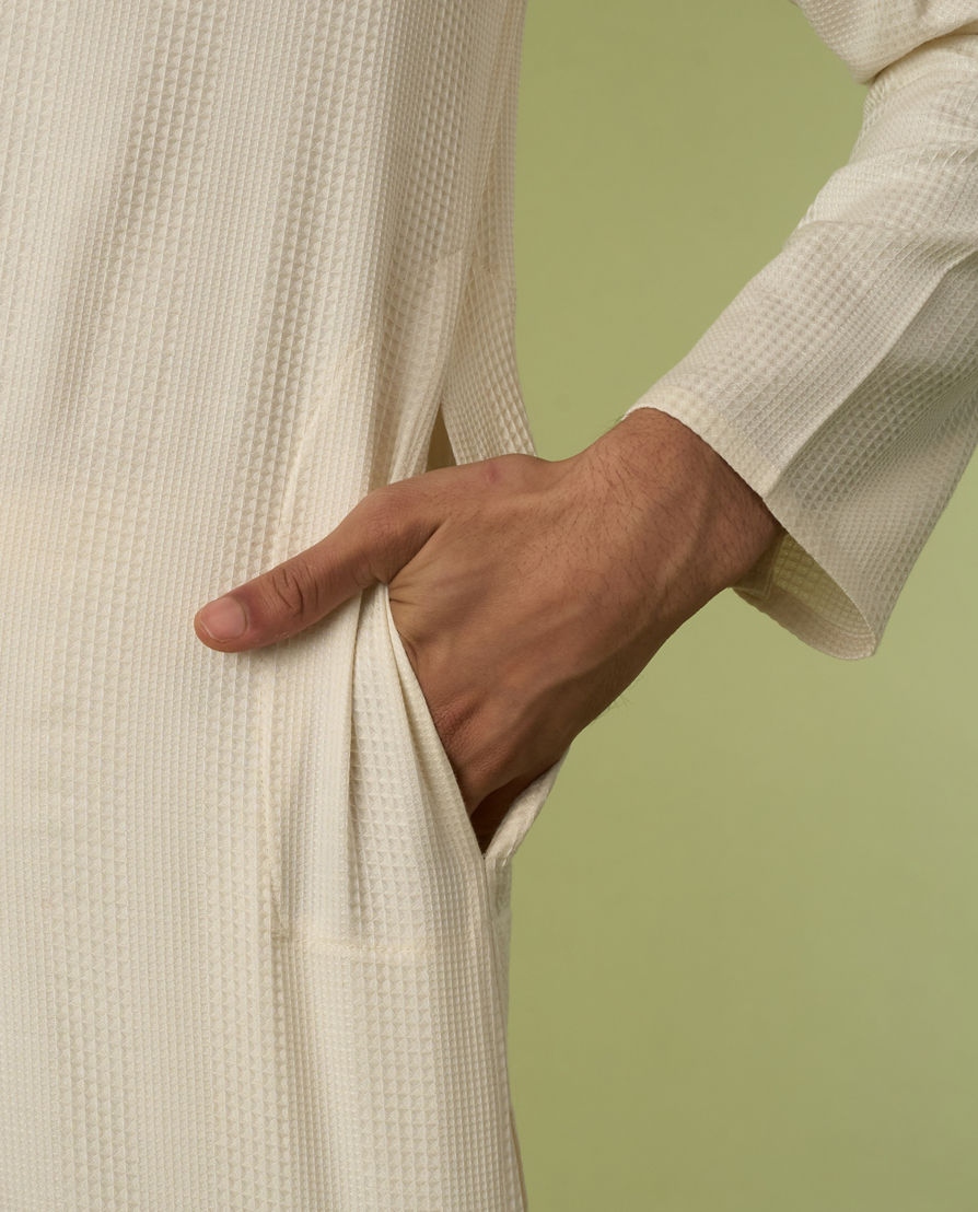 Diwas Men Self-Textured Cotton Kurta in Cream