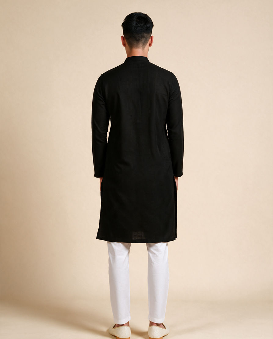 Diwas Men Black Cotton Kurta with Self-Texture