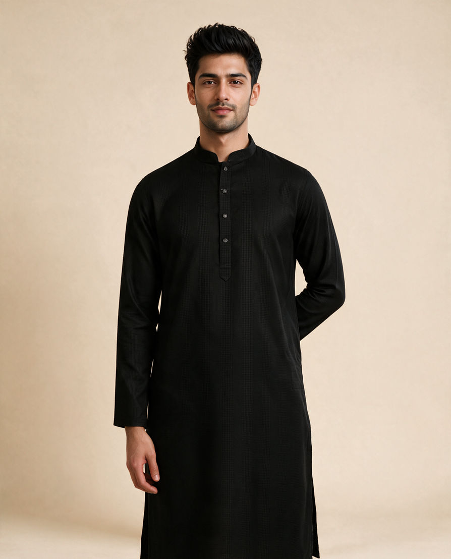 Diwas Men Black Cotton Kurta with Self-Texture