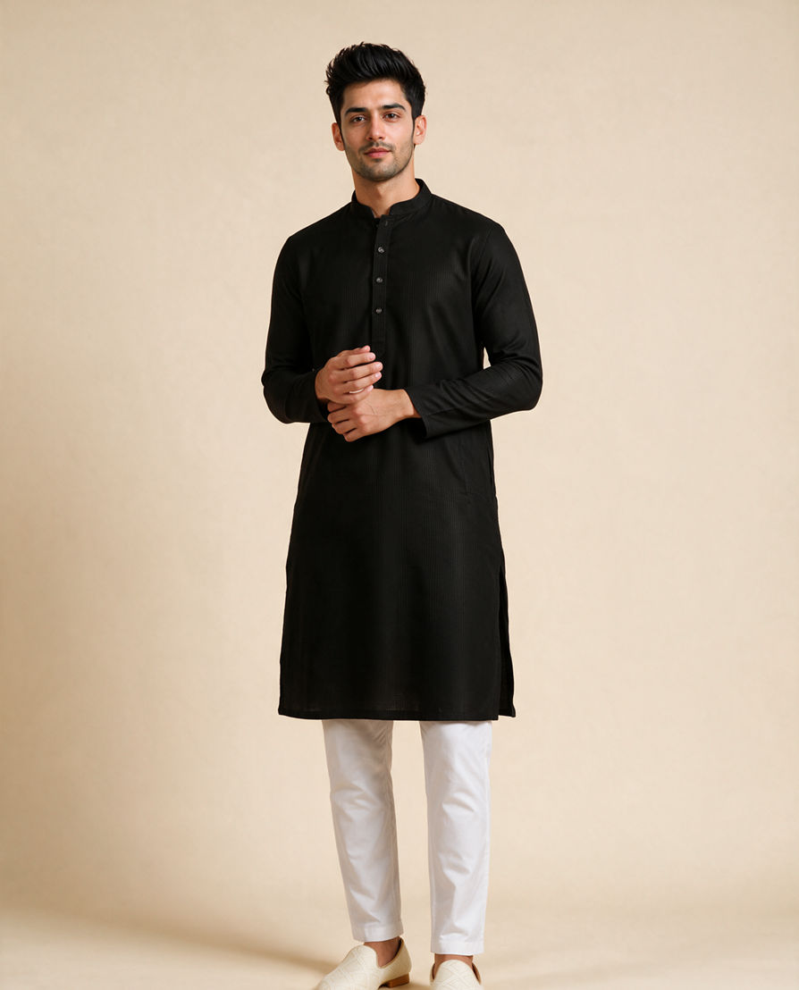 Diwas Men Black Cotton Kurta with Self-Texture