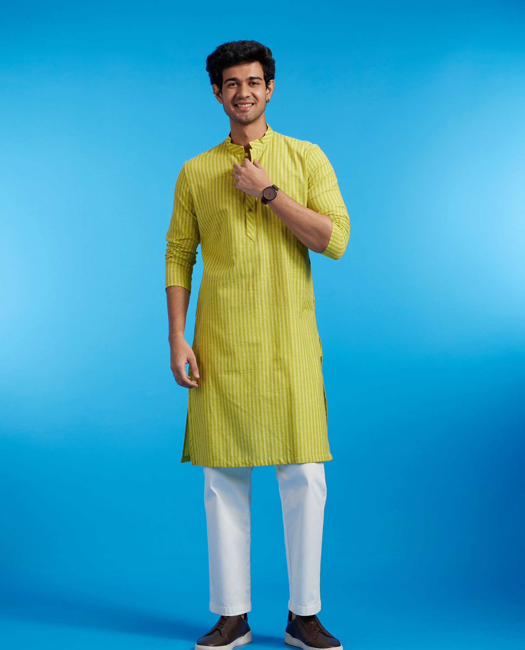 Diwas Men Soft Green Linear Patterned Striped Kurta