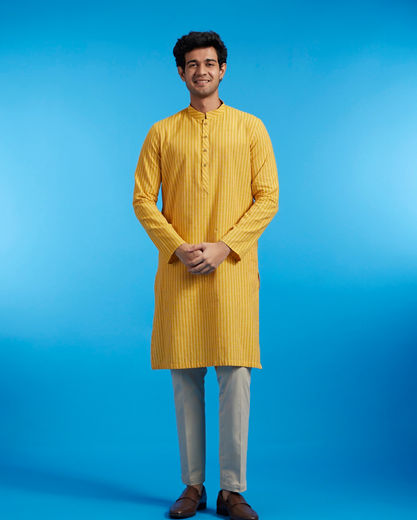 Diwas Men Mustard Yellow Linear Patterned Striped Kurta