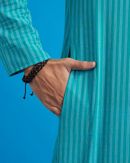 Diwas Men Turquoise Blue Self Striped Kurta