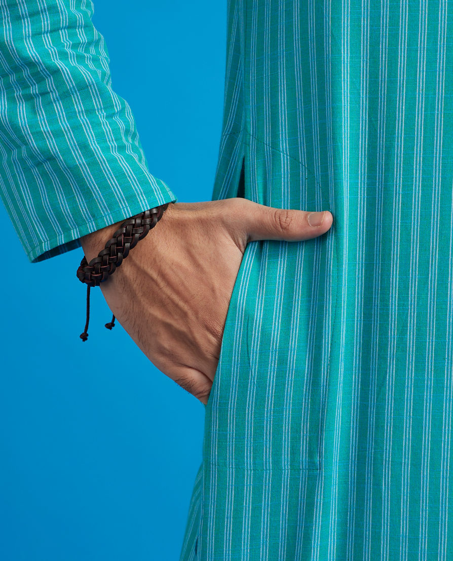 Diwas Men Turquoise Blue Self Striped Kurta
