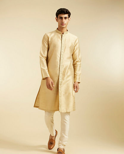 Diwas Men Sand Beige Self Textured Kurta with Embroidered Placket