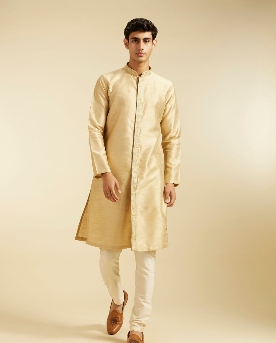 Diwas Men Sand Beige Self Textured Kurta with Embroidered Placket