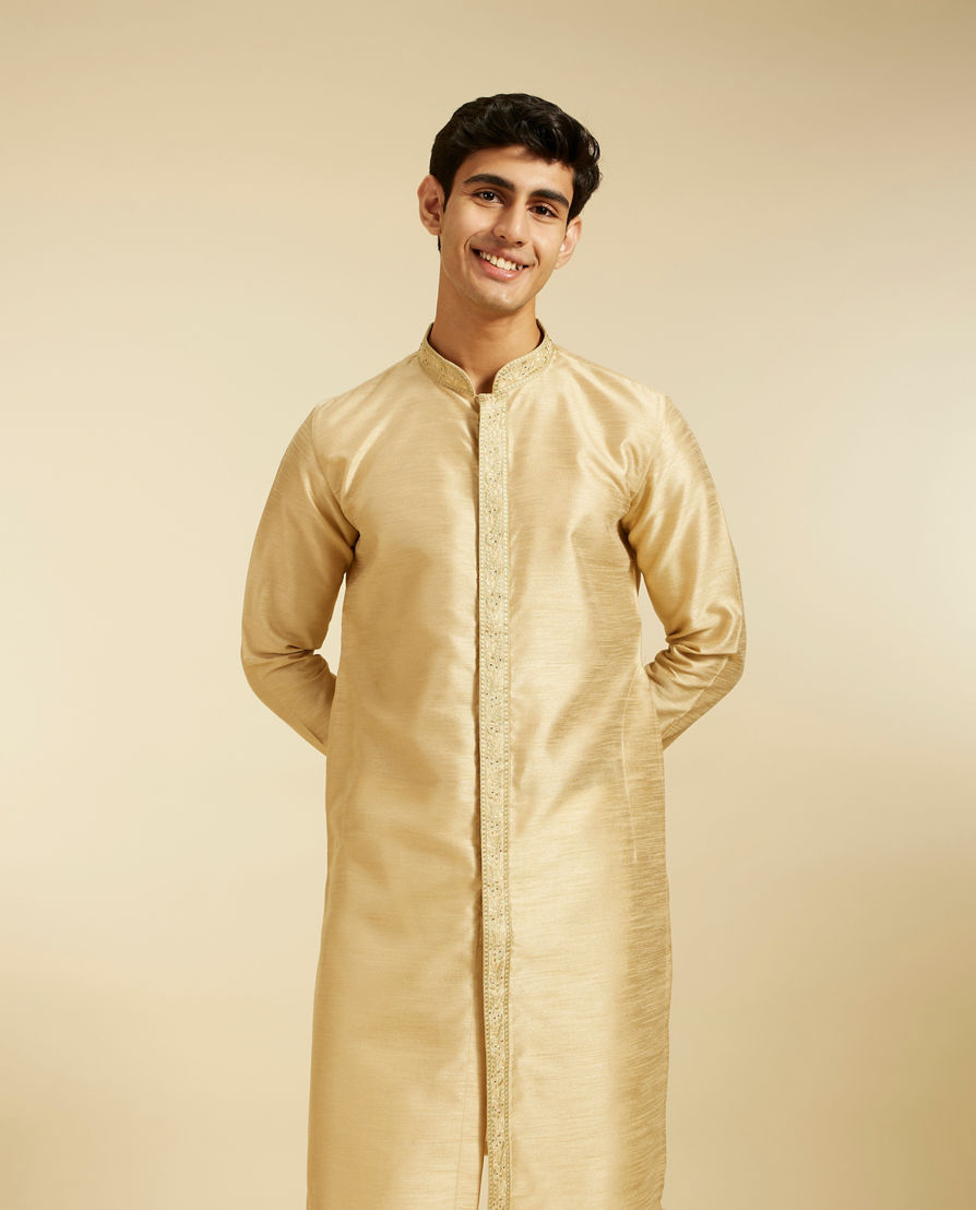 Diwas Men Sand Beige Self Textured Kurta with Embroidered Placket