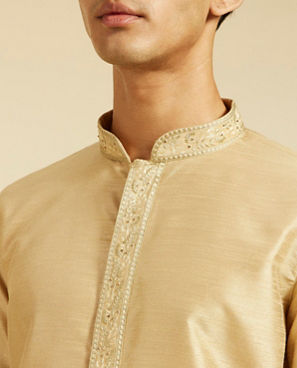Diwas Men Sand Beige Self Textured Kurta with Embroidered Placket