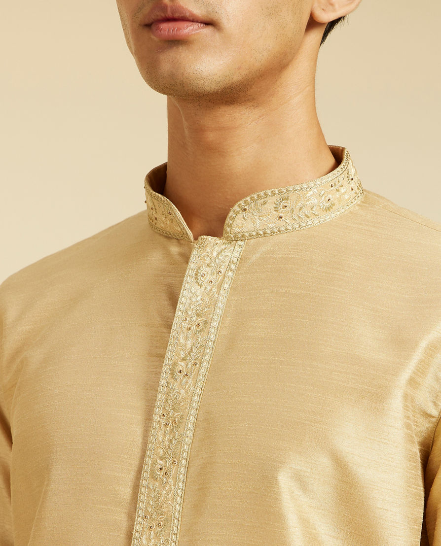 Diwas Men Sand Beige Self Textured Kurta with Embroidered Placket