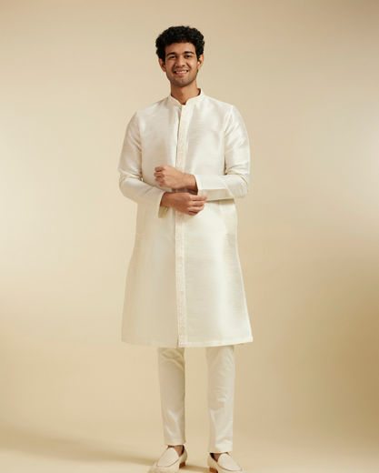 Diwas Men Warm White Self Textured Kurta with Embroidered Placket