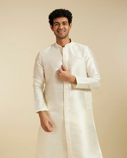 Diwas Men Warm White Self Textured Kurta with Embroidered Placket