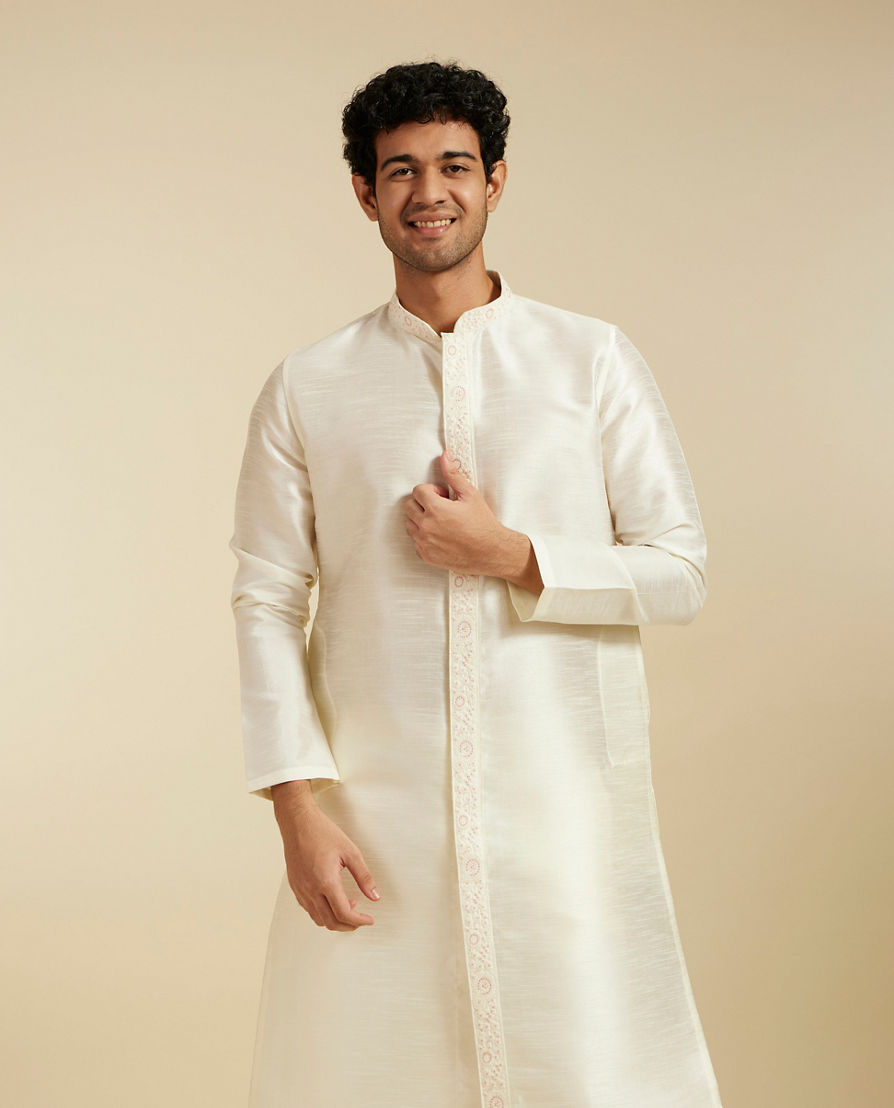 Diwas Men Warm White Self Textured Kurta with Embroidered Placket