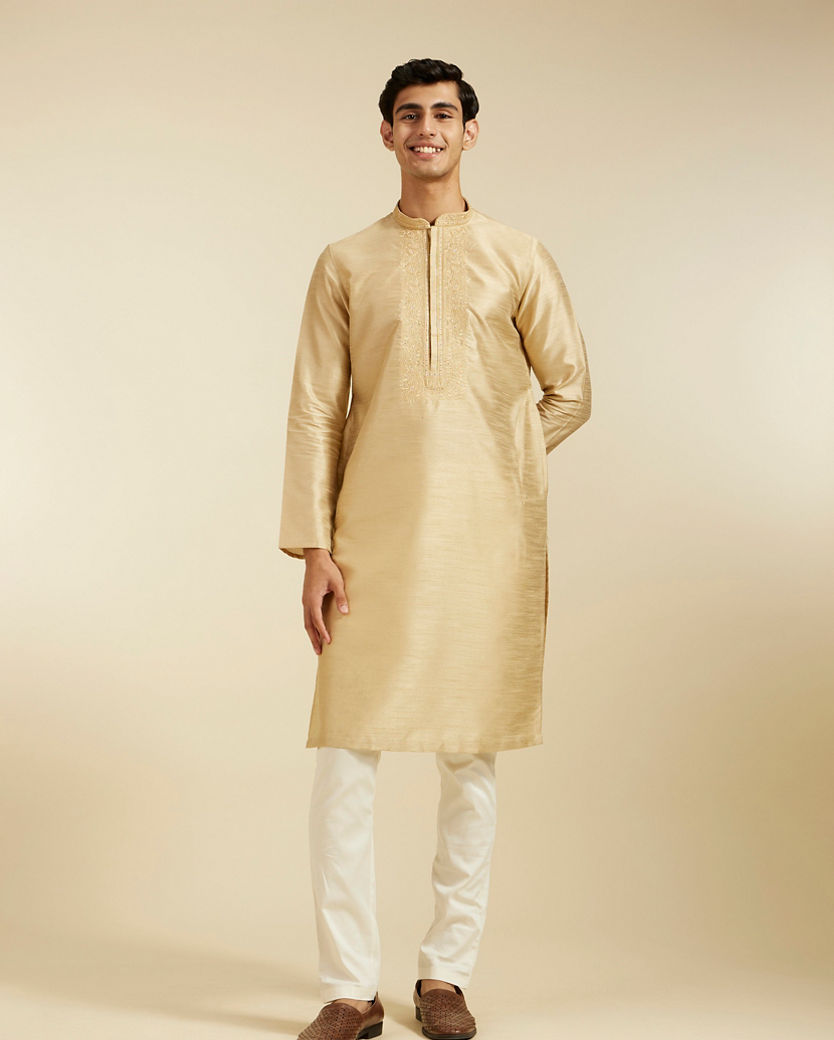 Diwas Men Cream Beige Kurta With Embroidered Neckline