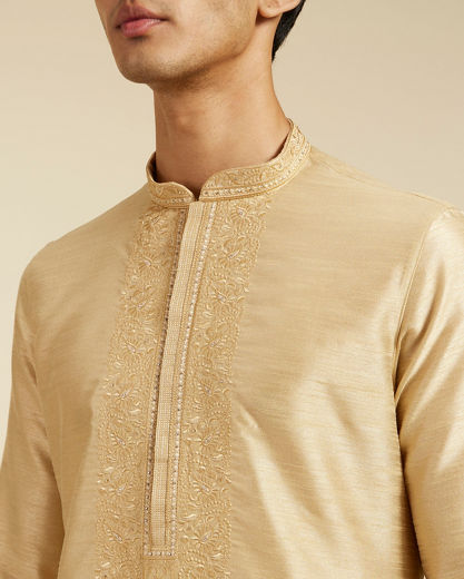 Diwas Men Cream Beige Kurta With Embroidered Neckline