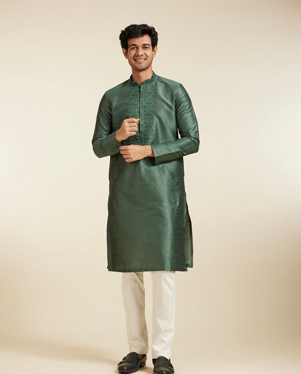 Diwas Men Bottle Green Plain Kurta With Embroidered Neckline