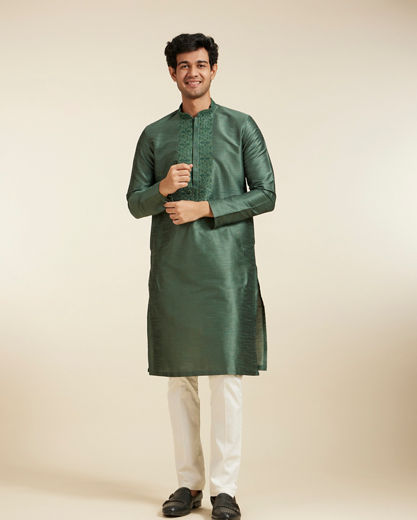 Diwas Men Bottle Green Plain Kurta With Embroidered Neckline
