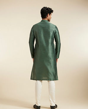 Diwas Men Bottle Green Plain Kurta With Embroidered Neckline