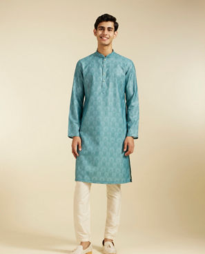 Diwas Men Aqua Green Medallion Printed Kurta
